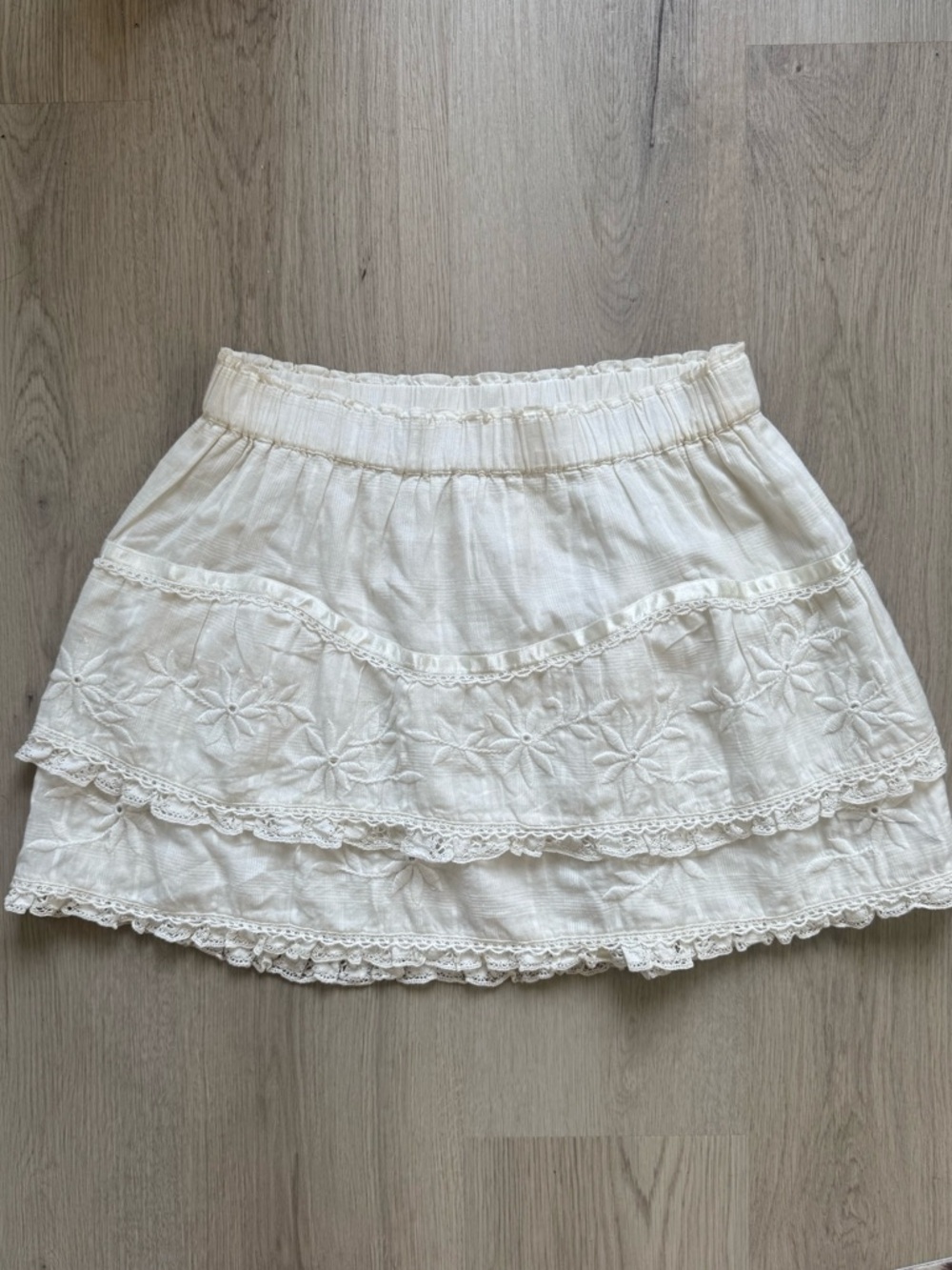 LoveShackFancy Cream Embroidered Tiered Mini Skirt Cotton Size S